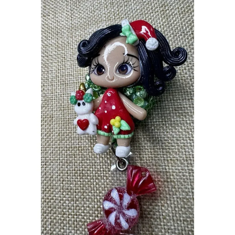 Christmas Girl With Unicorn On Green Rhinestone Retractable Badge Reel Handmade